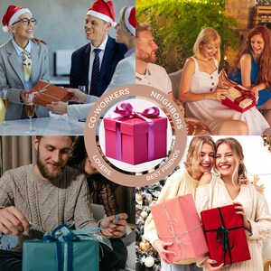 May include: A collage of images showing people exchanging gifts for different occasions. The images include coworkers, neighbors, lovers, and best friends. The gifts are wrapped in colorful paper and tied with ribbons.