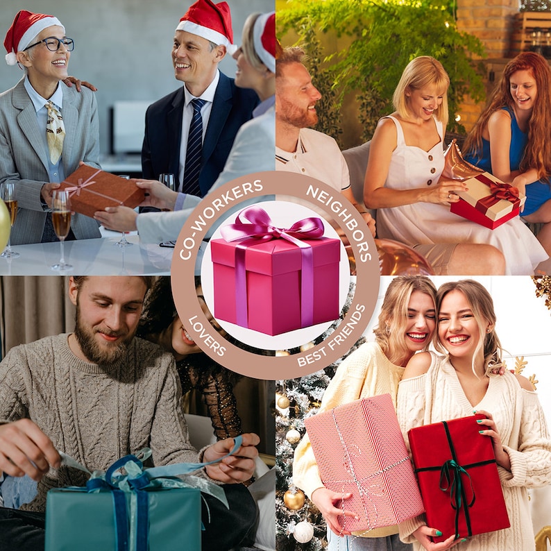 May include: A collage of images showing people exchanging gifts for different occasions. The images include coworkers, neighbors, lovers, and best friends. The gifts are wrapped in colorful paper and tied with ribbons.