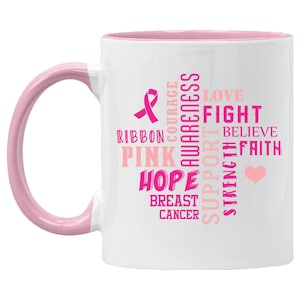 Breast Cancer Awareness Mug: Word Cloud Design, Strength & Hope