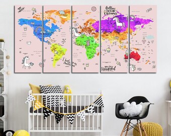 Gran mapa del mundo para la habitación de los niños impreso en lienzo Juego de lienzo del mapa del mundo para niños con unicornios para la guardería Impresión colorida del atlas Lienzo de viaje