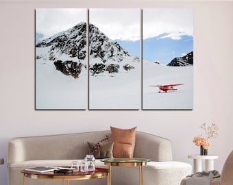 Mountain Wall Art - Mountain Canvas, Aircraft Wall Art, Mountain Wall Decor, Snowy peak and red plane wall art canvas set
