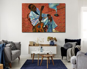 Colorful guitarist in picasso style wall art Bright wall decor Abstract canvas art Artistic cool painting Jazz wall art Song art print