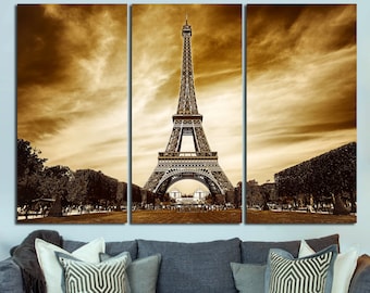 Paris wall art canvas set. Eiffel tower decor. France poster.