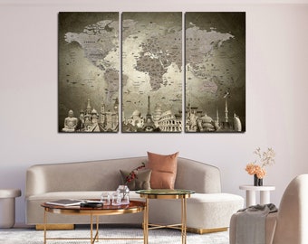 Push pin world map printed on canvas for wall decor. Travel map poster. Living room black and white wall decoration. World map wall art.