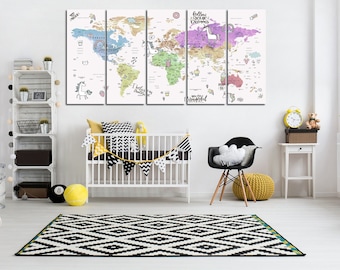 Juego de lienzo con mapa del mundo para niños: decoración infantil de unicornio, impresión de atlas colorido