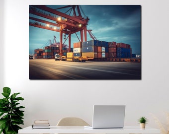 Quadro su tela sulla logistica - Decorazione murale per trasporti, Decorazione per ufficio merci, Grande camion nel centro logistico per l'arte murale, Stampe artistiche sulla logistica
