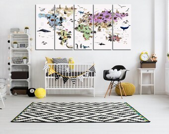 Lienzo de mapa del mundo de la guardería para decoración de paredes Mapa del mundo de animales Arte del mapa del mundo para niños Impresión del atlas colorida Lienzo de viaje Mapa del mundo grande