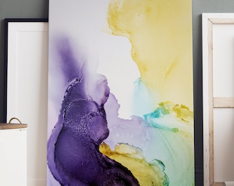 Elegant Abstract Purple and Gold Painting on Canvas, Modern Wall Art Décor, Contemporary Purple Abstract Prints, Anniversary Gift