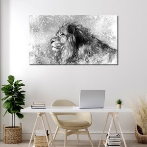 May include: Black and white illustration of a lion's head with a textured background. The lion is looking to the left and has a mane of fur.