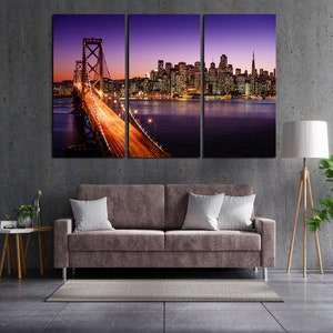 San Francisco wall art canvas set. California poster printed on canvas for living room decor. Colorful Golden Gate bridge print on canvas.