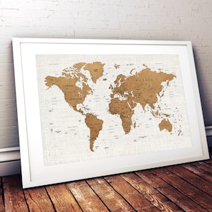 Push pin world map printed on canvas for wall decor. Travel map art. Map printed on canvas for office decor. Canvas set for living room.