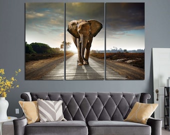 Cool picture of elephant walking on the road. Elephant wall art canvas set for wall decoration. Office decoration. Nursery wall art.