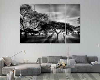 Black and white Trees wall art canvas set. Sunset Trees on Large Canvas. Savanna for Wall Decor in House Original Decor with Tropical Trees