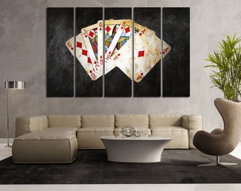 Bright picture of royal flush printed on canvas for wall decoration. Modern style for living room. Poker wall art canvas set. Cool Office