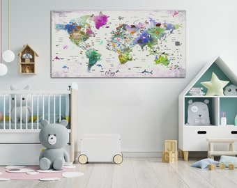 Interactive Kids World Map for Fun and Educational - Wall Art Decor, Animals World Map, Print for Nursery Decor, Whimsical Animals World Map