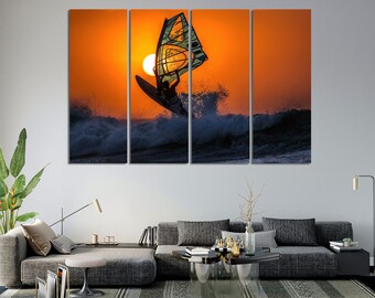 Lienzo decorativo de surf. Set de windsurf para decorar paredes. Póster motivacional. Arte del atardecer. Póster oceánico. Decoración de pared para oficina.
