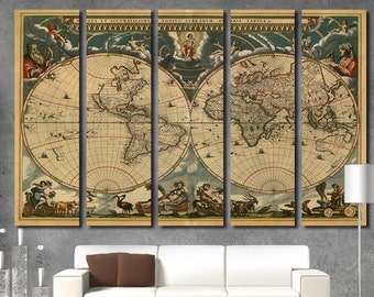 Set di tele per arte murale con mappa del mondo vintage. Decorazioni murali antiche della mappa del mondo.