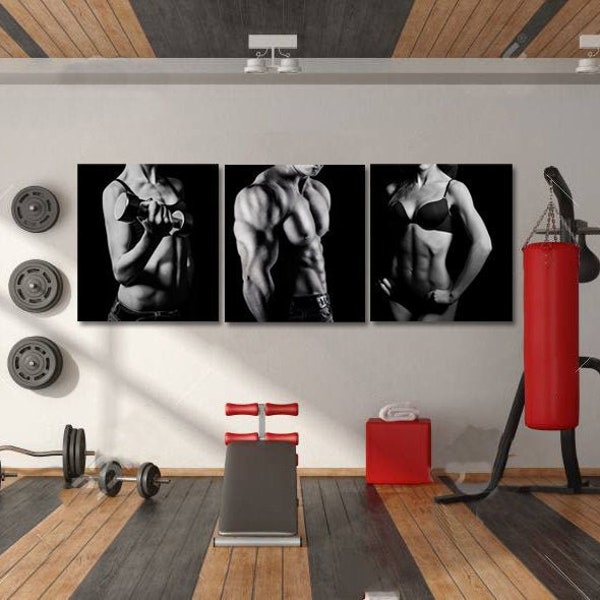 Gym wall art canvas set. Home gym wall decor. Motivation art. Sexy body photo. Fitness poster. Workout decor.