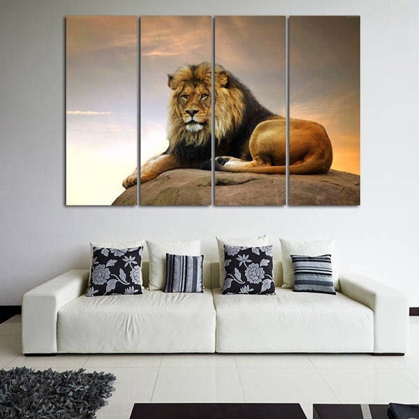 Bright picture of lion wall art canvas set. Black and white or colorful artwork. Wild cat printed on canvas for wall decoration.