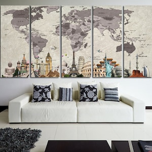 Push pin world map on canvas for wall decor. Travel map wall art. Push pin map wall art.