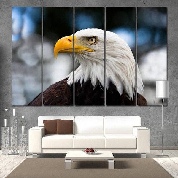 Bright picture of Bald Eagle printed on canvas for wall decor. Cool office decoration. Colorful artwork. Decor for big wall.