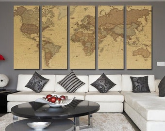Push pin world map on canvas for wall decor. Travel map wall art. Push pin map wall art.