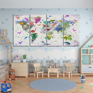 Kinder Weltkarte mit Dinosauriern gedruckt auf Leinwand Dinosaurier Weltkarte Dekor Kinderzimmer moderne Kunst Atlas Druck Reise Leinwand Set Große Weltkarte