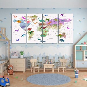 Dino Weltkarte Kunst- Dino Weltkarte Kunst- Dino Wandkunst- Kinderzimmer Wanddeko- Karte mit Ländern und Städten- Bunter Atlas Druck