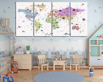 Mapa del mundo con chinchetas, impresiones artísticas de animales adorables - Arte de mapa del mundo para niños, Juego de lienzos con mapa del mundo para guardería para decoración de paredes, Mapa del mundo grande