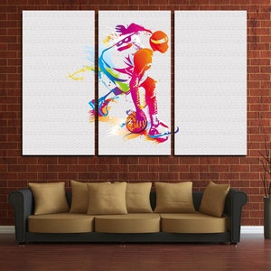 Cooles Bild von Basketballspieler auf Leinwand für Wanddekoration gedruckt. Abstraktes Bild für Gym Dekor. Cooler Druck fürs Büro. Modisches Kunstwerk