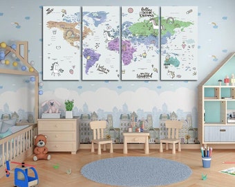 Animal Adventure Wall Art for Kids - Enchanted Unicorn Canvas Wall Art, World Explorer Travel Map Wall Art for Kids, Nursery Wall Decor