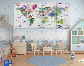 Impresión en lienzo del mapa del mundo de dinosaurios: decoración infantil, arte atlas moderno