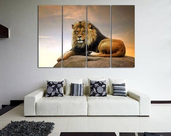 Bright picture of lion wall art canvas set. Black and white or colorful artwork. Wild cat printed on canvas for wall decoration.