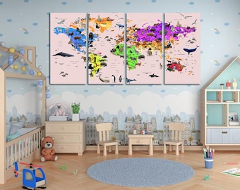 Arte mural de guardería Impresión de mapa de viaje Atlas de animales para niños decoración de habitaciones Lienzo de arte de pared Lindo estampado de arte animal Empujar pin mapa para niños