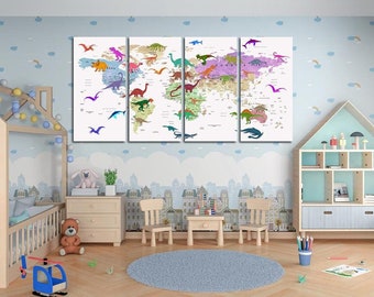 Kids world map wall art - Education world map, Dino map wall art, Kids room wall decor, Map with countries and cities, Colorful atlas print