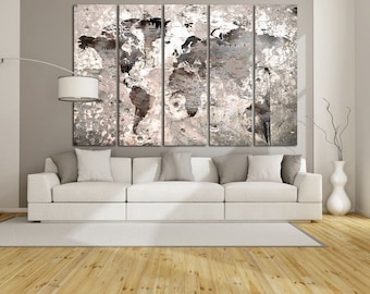 Black and white push pin world map on canvas for wall decor. Travel map wall art. Office wall decoration. Living room artwork.