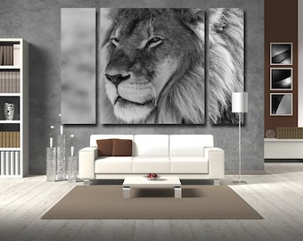 Cool black and white image of lion printed on canvas for wall decoration. Minimalist artwork for office decor. Wild cat poster.