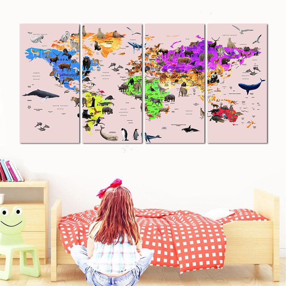 Nursery Wall Art Travel Map Print Animals Atlas for Kids Room ...
