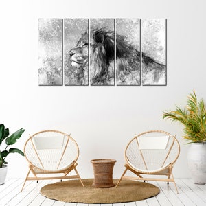 May include: Black and white canvas print of a lion's head with a textured background. The print is divided into five panels.