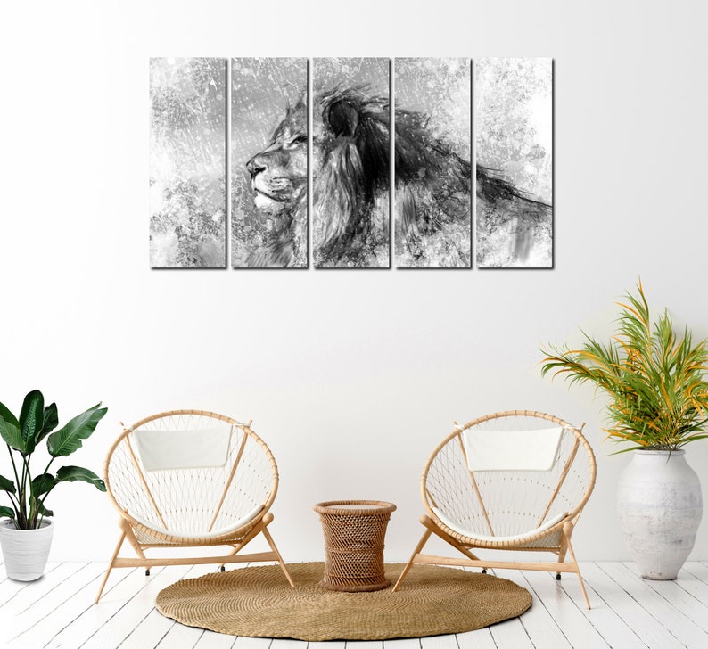 May include: Black and white canvas print of a lion's head with a textured background. The print is divided into five panels.