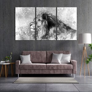 May include: A black and white abstract art print of a lion's head with a textured background.