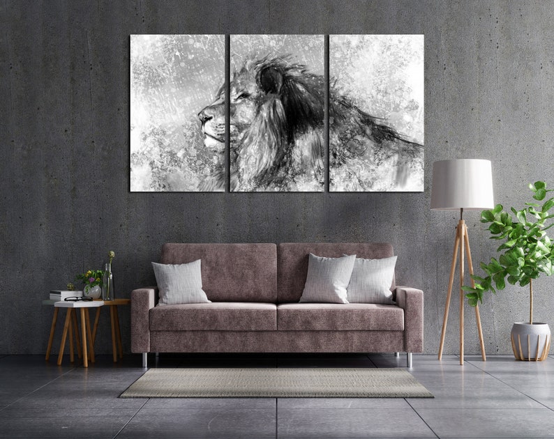 May include: A black and white abstract art print of a lion's head with a textured background.
