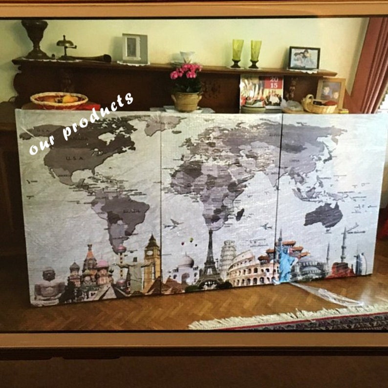 Colorful Push Pin World Map With Sights Printed on Canvas for Wall ...