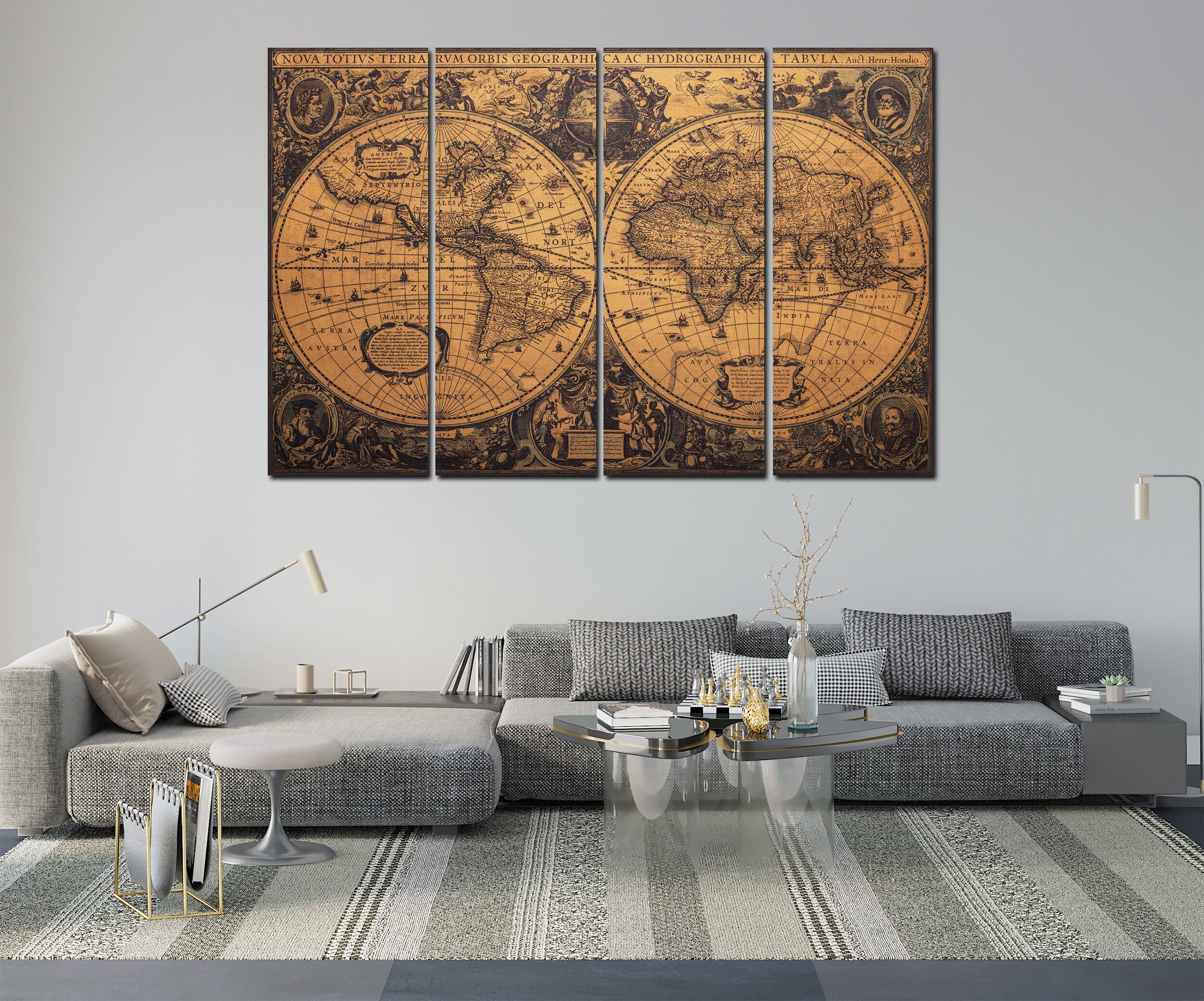 Vintage World Map Wall Art Canvas Set World Map Print Canvas Living ...