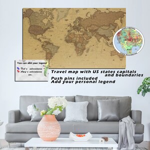Push Pin World Map on Canvas for Wall Decor. Travel Map Wall Art. Push ...