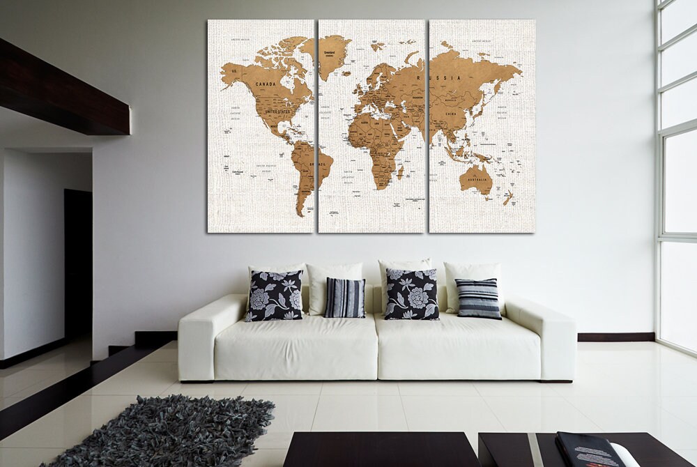 Push pin world map printed on canvas for wall decor. Travel | Etsy