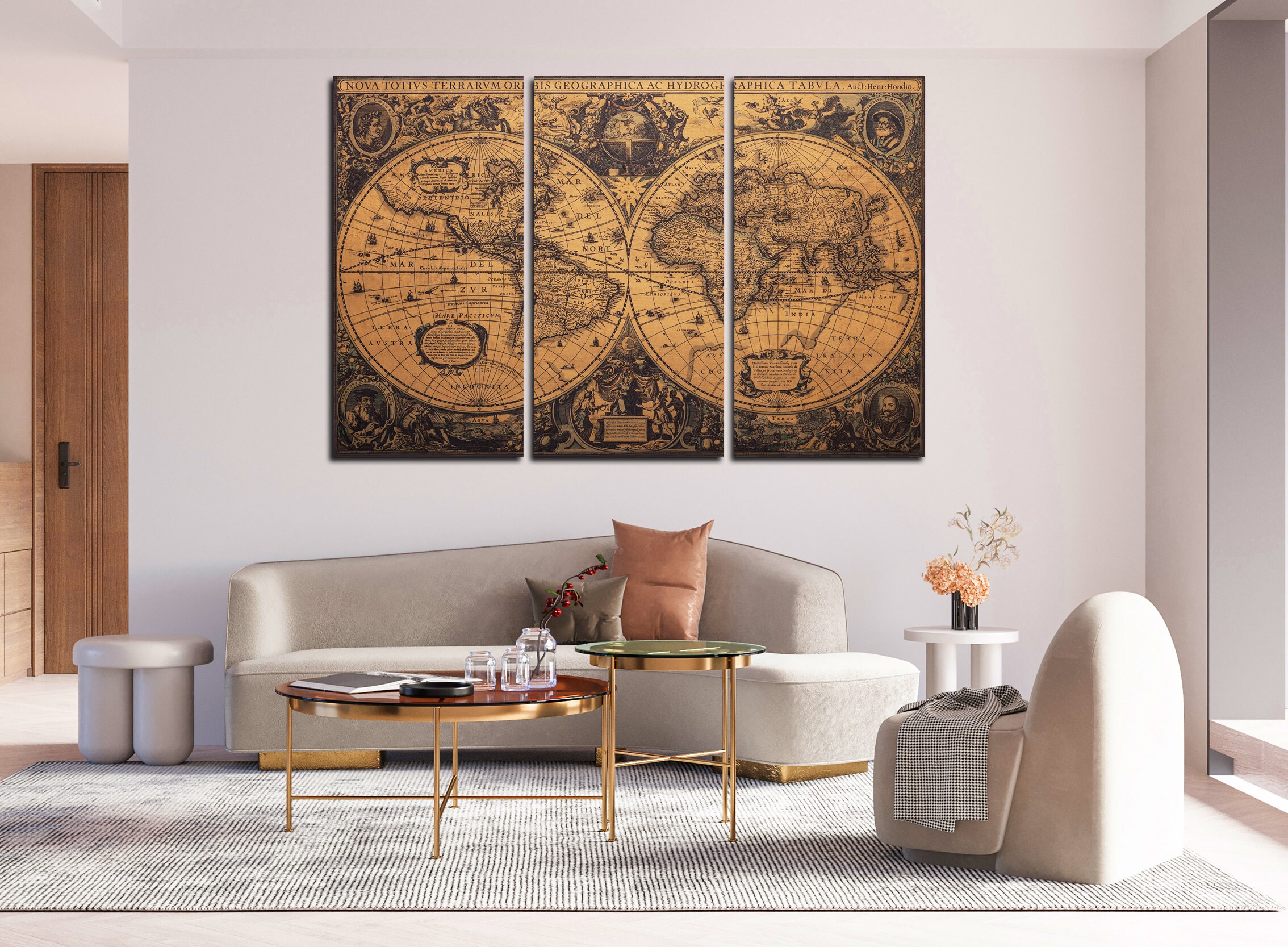 Vintage World Map Wall Art Canvas Set World Map Print Canvas Living ...