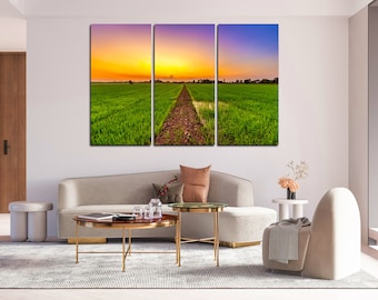 Lienzo decorativo de campo verde: Impresión de atardecer con lavanda, decoración natural