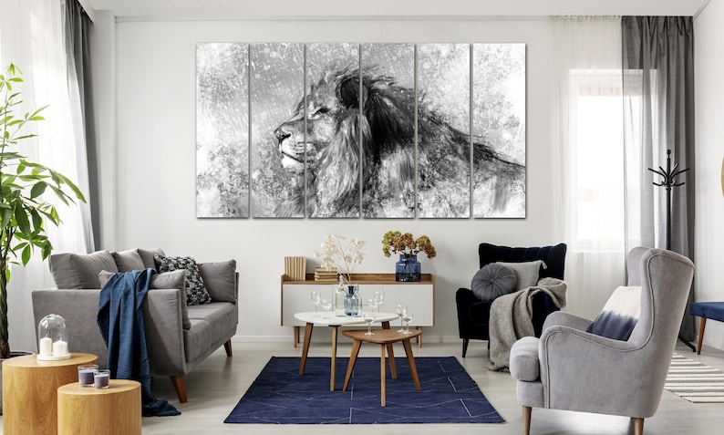 May include: A black and white abstract art print of a lion's head with a textured background. The print is divided into six panels.