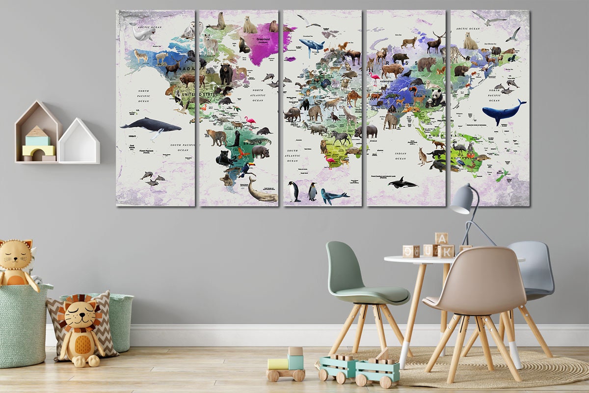 Nursery Adventure World Map Canvas Set - Safari Animals Explore ...